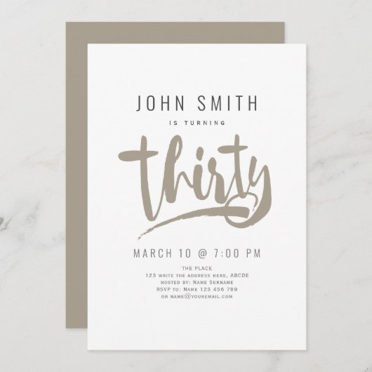 Moderne, einfache, männliche Dreißigerfeier Geburt Einladung (Vorne/Hinten)