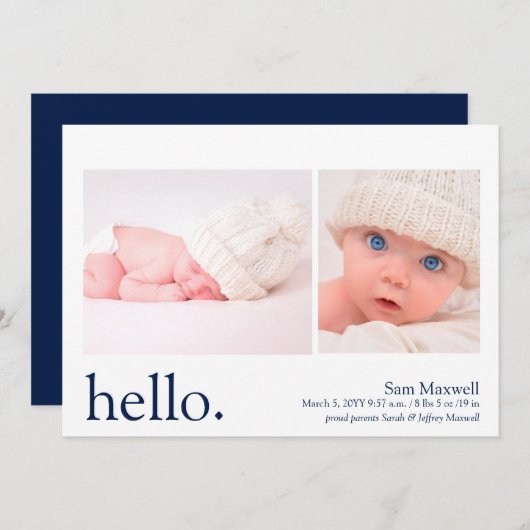 Moderne einfache Marine Hallo Geburtserklärung Einladung (Vorne/Hinten)