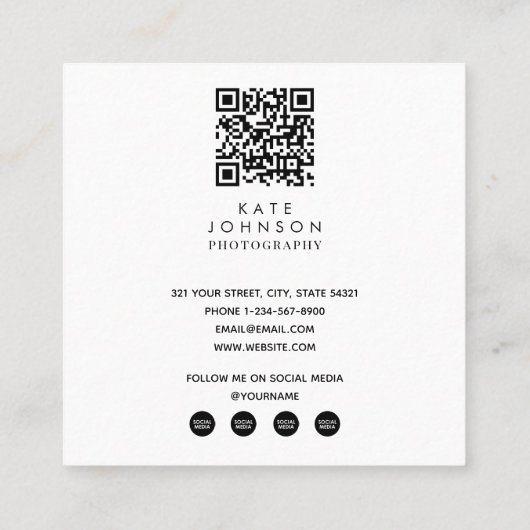 Moderne einfache Minimal Foto QR Code Social Media Quadratische Visitenkarte (Rückseite)