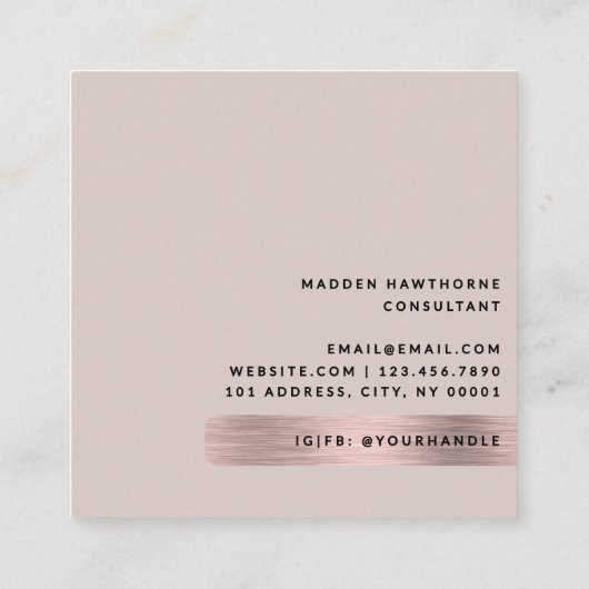Moderne, einfache Minimal-Imitate Rose Gold Brushe Quadratische Visitenkarte (Rückseite)