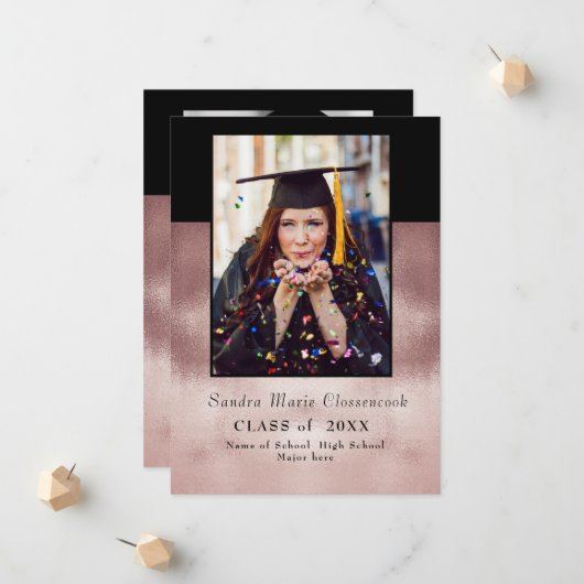 Moderne einfache Minimal-Rose Schwarzer Abschluss Ankündigung (Vorderseite/Rückseite Beispiel)