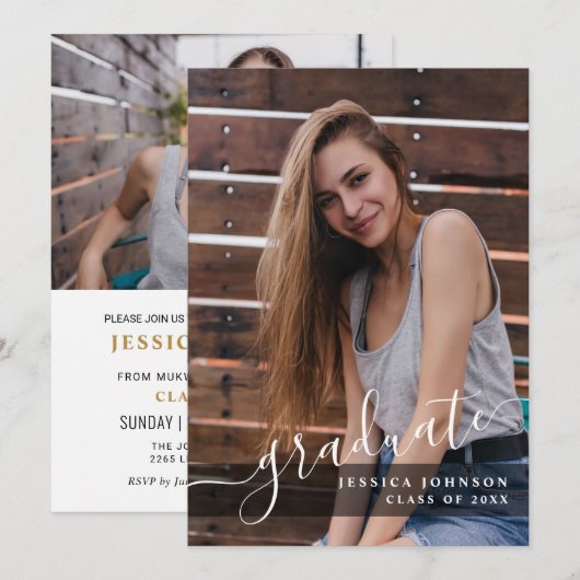 Moderne Einfache Minimalistisch-2-FOTO-Graduierung Einladung (Vorne/Hinten)