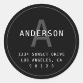 Moderne einfache Monogramm-Adresse | Schwarz-Weiß Runder Aufkleber (Vorderseite)