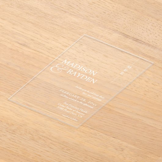 Moderne einfache Monogramm-Hochzeit Acryleinladungen (Ablage )