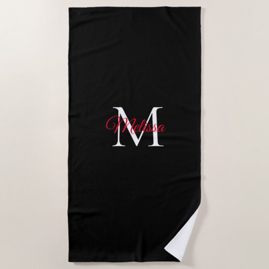 Moderne einfache Monogramm Schwarz Rot Strandtuch (Vorderseite)