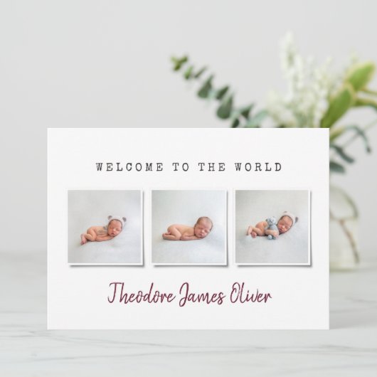Moderne, einfache Multi-Foto-Geburtsankündigung Ankündigung (Stehend Vorderseite)