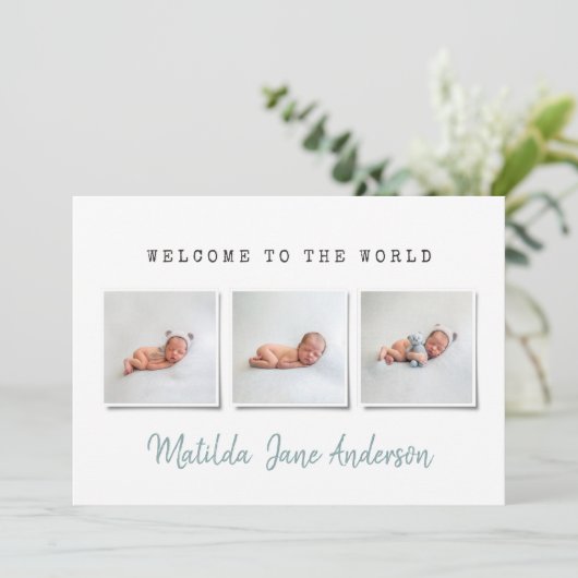 Moderne, einfache Multi-Foto-Geburtsankündigung Ankündigung (Stehend Vorderseite)