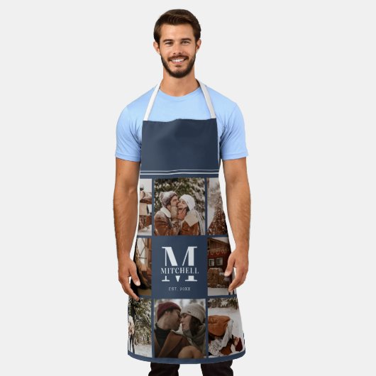 Moderne einfache Navy Blue Foto Collage | Monogram Schürze (Getragen)