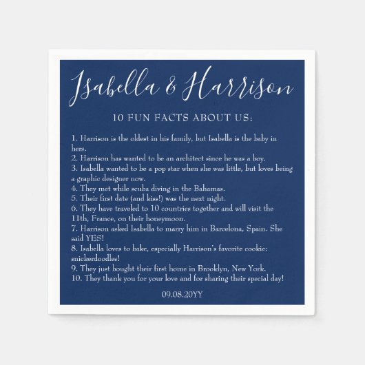 Moderne einfache Navy Blue Fun Fakten Hochzeiten v Serviette (Vorderseite)