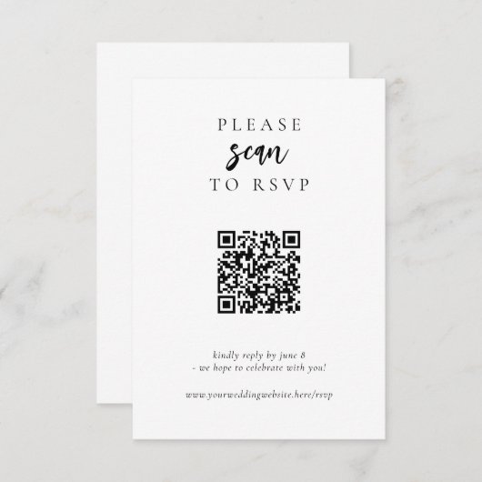 Moderne, einfache QR Code Hochzeit RSVP Karte (Vorne/Hinten)