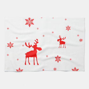 Moderne, einfache Red Moose Snowflakes Handtuch
