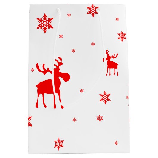 Moderne, einfache Red Moose Snowflakes Mittlere Geschenktüte (Vorderseite)