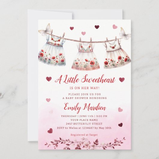 Moderne einfache rosa Boho Kleidung Girl Baby Dusc Einladung (Vorderseite)