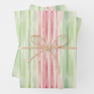 Moderne, einfache rosa und grüne Aquarellstreifen Geschenkpapier Set