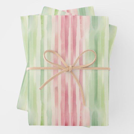 Moderne, einfache rosa und grüne Aquarellstreifen Geschenkpapier Set (Beispiel)