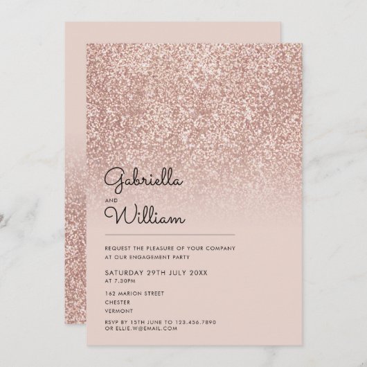 Moderne, einfache Rose Gold Glitzer Engagement Par Einladung (Vorne/Hinten)