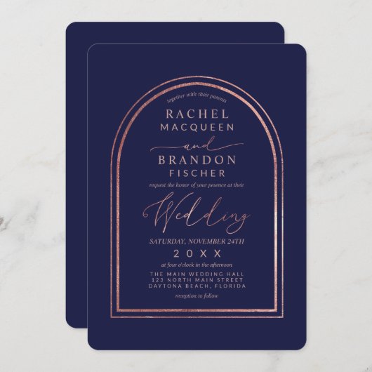 Moderne, einfache Rose Gold Navy Blue Arch Wedding Einladung (Vorne/Hinten)