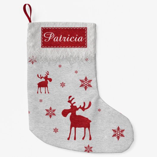 Moderne einfache rote Elch-Schneeflocken Kleiner Weihnachtsstrumpf (Vorderseite)