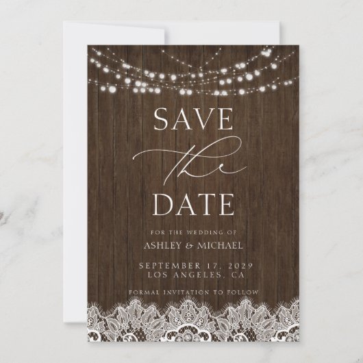 Moderne, einfache rustikale Twinkle Lights Wedding Save The Date (Vorderseite)