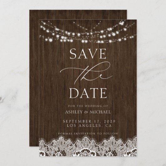 Moderne, einfache rustikale Twinkle Lights Wedding Save The Date (Vorne/Hinten)