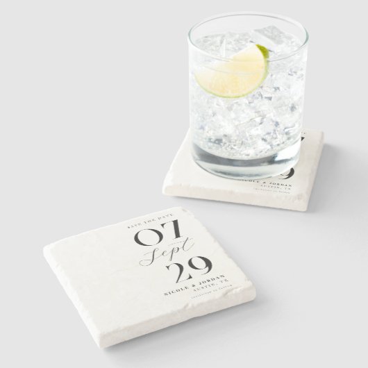 Moderne, einfache, schicke Hochzeit retten das Dat Steinuntersetzer (Seitenansicht)