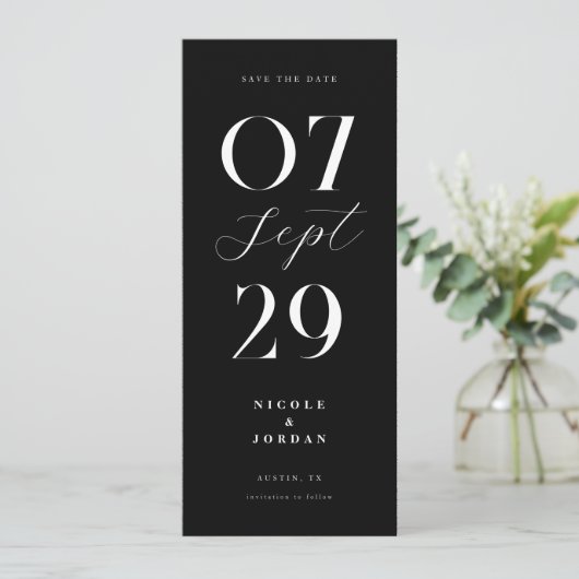 Moderne einfache, schicke Schwarz-Weiß-Hochzeit Save The Date (Stehend Vorderseite)