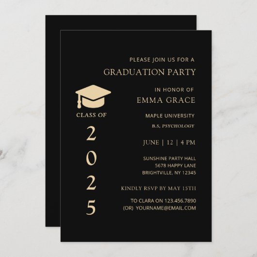 Moderne, einfache Schwarz-Gold-Graduierungsparty Einladung (Vorne/Hinten)