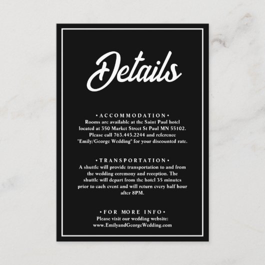 Moderne, einfache Schwarz-Weiß-Chic-Hochzeitsdetai Begleitkarte (Vorderseite)