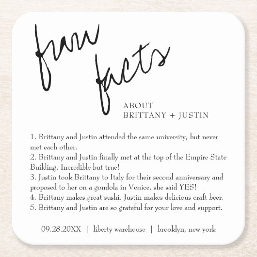 Moderne einfache Schwarz-Weiß-Fun-Fakten Hochzeite Rechteckiger Pappuntersetzer (Vorderseite)