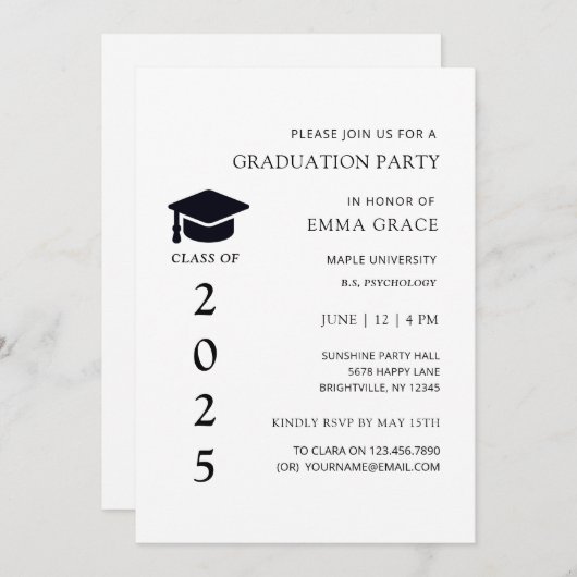 Moderne, einfache Schwarz-Weiß-Graduierungspartei Einladung (Vorne/Hinten)