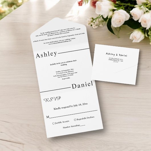 Moderne, einfache Schwarz-Weiß-Hochzeit All In One Einladung