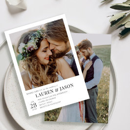 Moderne, einfache Schwarz-Weiß-Hochzeit mit 2 Foto Einladung