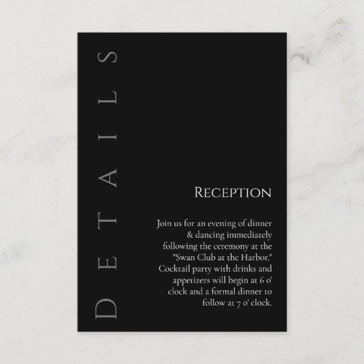 Moderne, einfache Schwarz-Weiß-Hochzeitsdetails: Begleitkarte (Vorderseite)