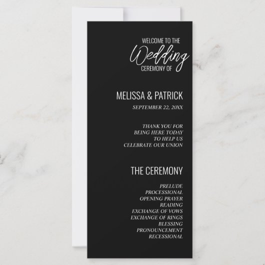 Moderne einfache Schwarz-Weiß-Hochzeitsprogramme (Vorderseite)