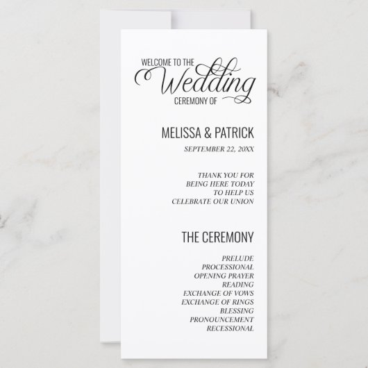 Moderne einfache Schwarz-Weiß-Hochzeitsprogramme (Vorderseite)