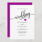 Moderne, einfache Schwarz-Weiß-Lila Herzhochzeit Einladung (Vorne/Hinten)