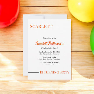 Moderne, einfache Schwarz-Weiß-Orange 60. Geburtst Einladung