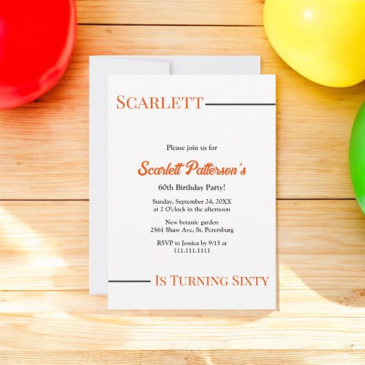 Moderne, einfache Schwarz-Weiß-Orange 60. Geburtst Einladung