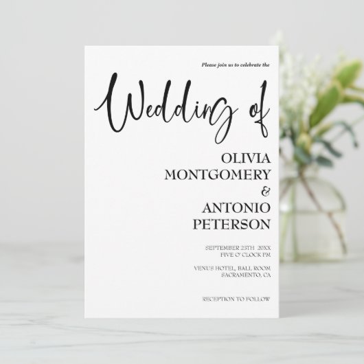 Moderne einfache Schwarz-Weiß-QR-Hochzeit Einladung (Stehend Vorderseite)