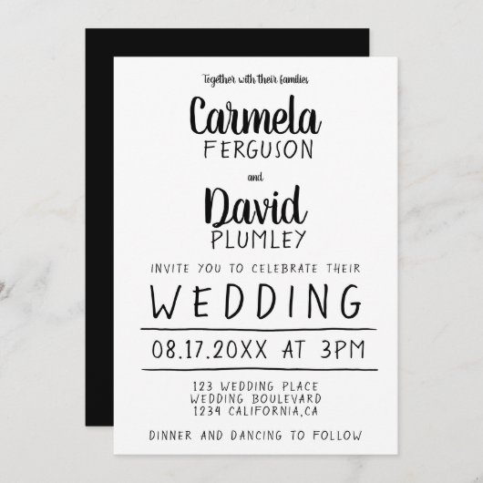 Moderne, einfache Schwarz-Weiß-Typografie Hochzeit Einladung (Vorne/Hinten)