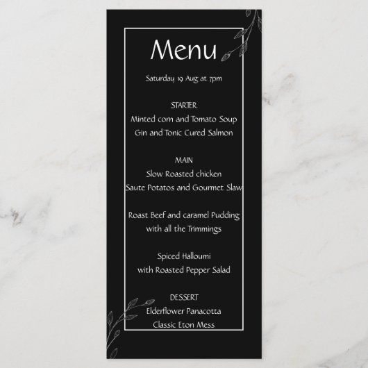 Moderne, einfache schwarz-weiße, minimalistische,  menükarte (Vorderseite)