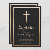 Moderne einfache Schwarze-Gold-Cross-Baptismus Einladung (Vorne/Hinten)