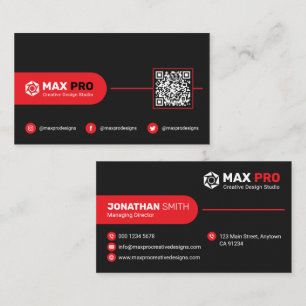 Moderne einfache schwarze und rote QR-Code-, Logo- Visitenkarte