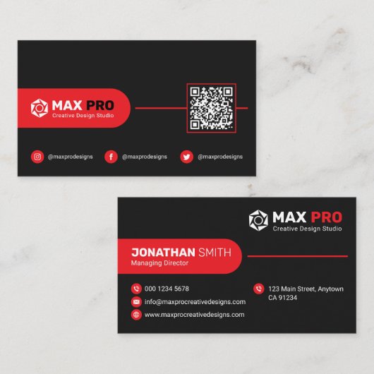 Moderne einfache schwarze und rote QR-Code-, Logo- Visitenkarte (Vorne/Hinten)