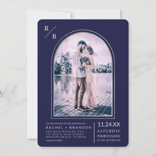 Moderne, einfache Silver Navy Blue Arch Wedding Einladung (Vorderseite)