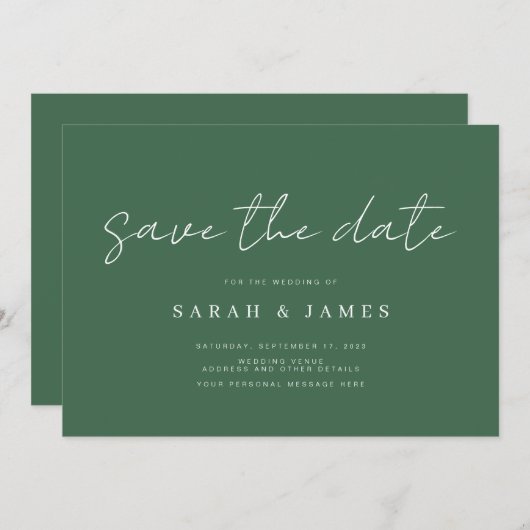 Moderne, einfache Smaragdgrüne Hochzeit rettet das Save The Date (Vorne/Hinten)