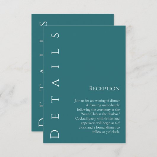 Moderne, einfache Smaragdgrüne Hochzeitdetails- Begleitkarte (Vorne/Hinten)