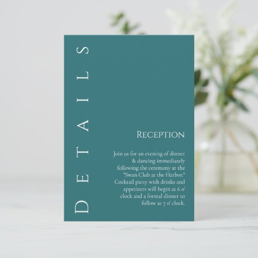 Moderne, einfache Smaragdgrüne Hochzeitdetails- Begleitkarte (Stehend Vorderseite)