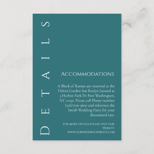 Moderne, einfache Smaragdgrüne Hochzeitdetails- Begleitkarte (Rückseite)