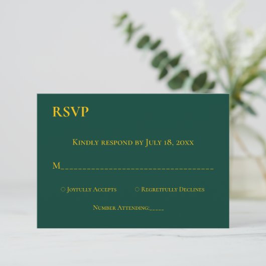 Moderne einfache Smarald Green Gold Chic Hochzeit RSVP Karte (Stehend Vorderseite)